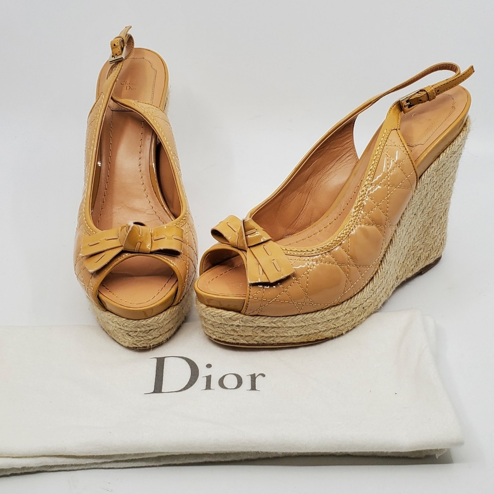 Christian Dior Vintage Patent Leather Cannage Espadrille Wedges.